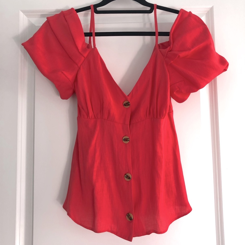 Topshop Cold Shoulder Top Coral Red Barbie Style - Picture 3 of 6